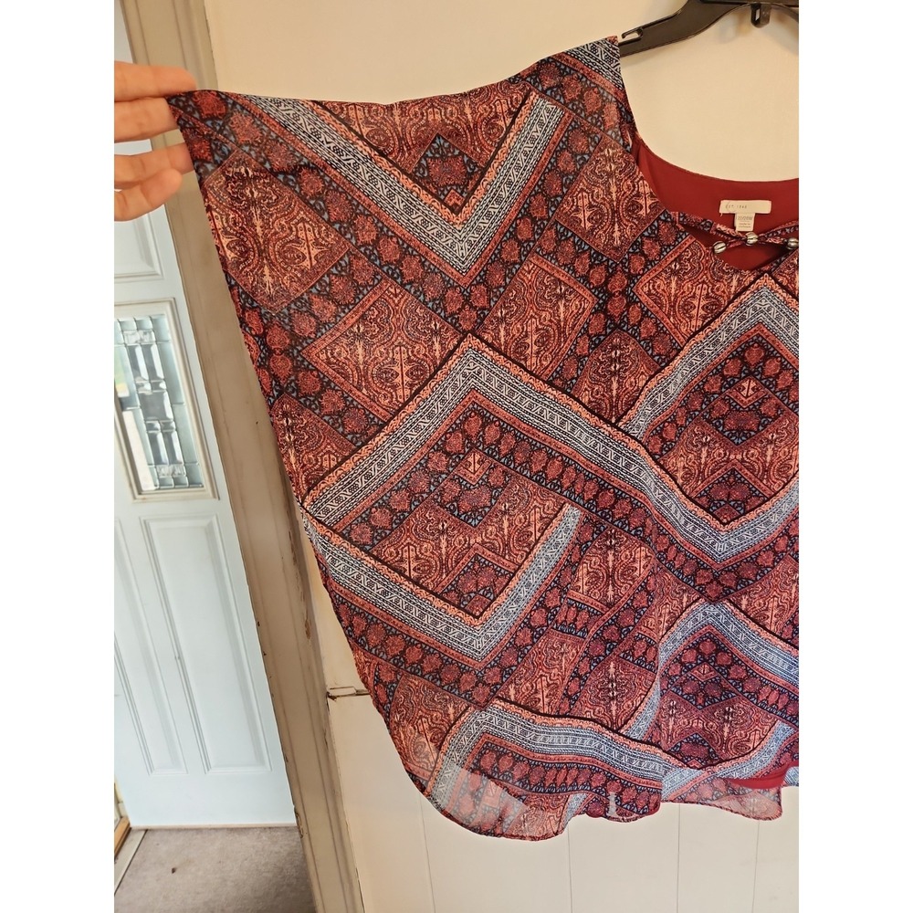 Plus Size Boho Chic Patterned Poncho Top 22/24W Burgundy Geometric Flowy Free - Picture 5 of 16